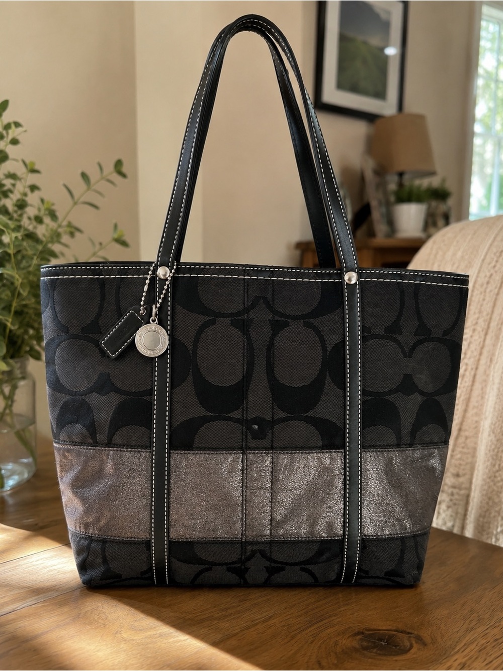 Coach Black Signature Tote with Metallic Pewter Band